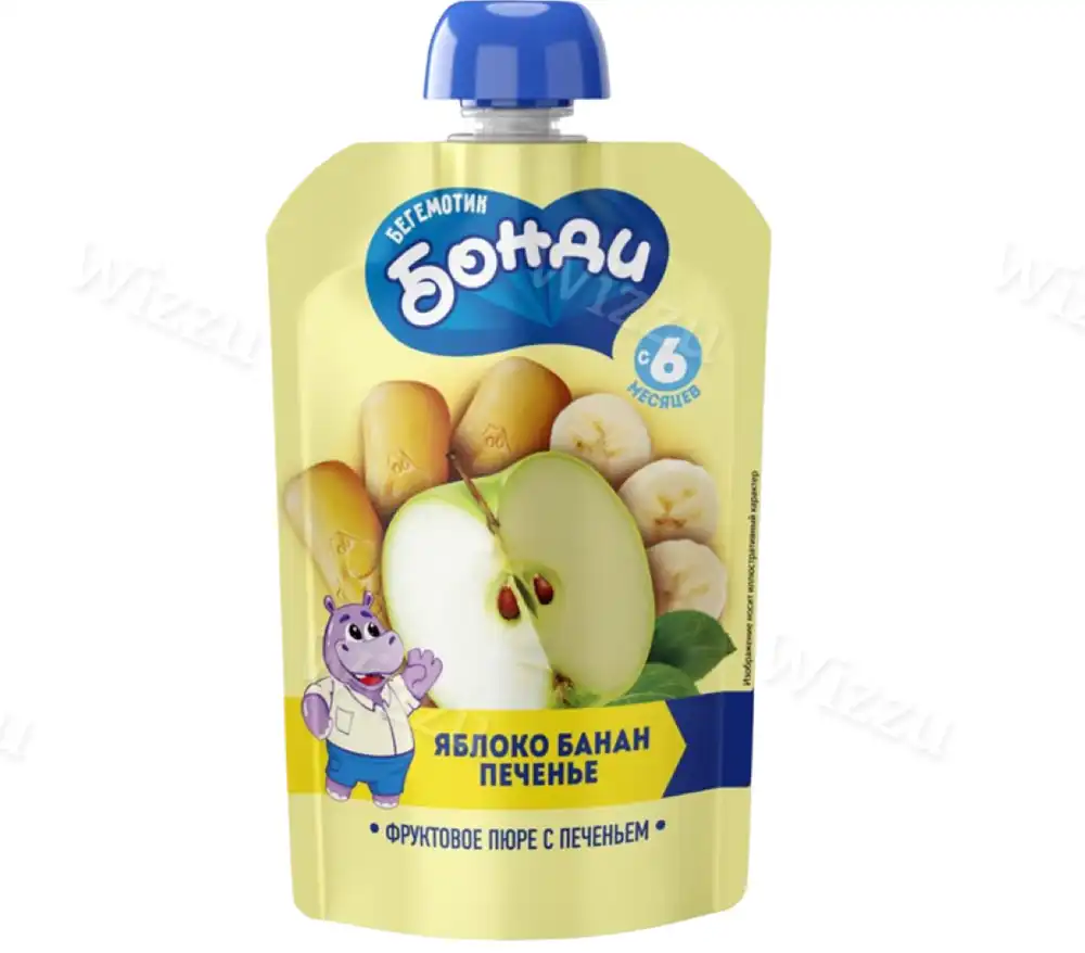 Детское пюре "Бегемотик Бонди" Яблоко,Банан,Печенье 90гр