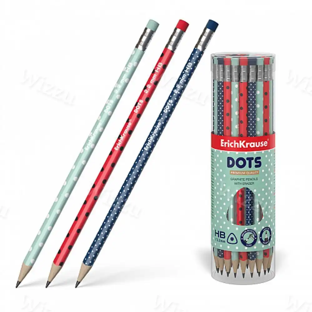 Чернографитный карандаш ErichKrause Dots, трехгранный, с ластиком, HB (в тубусе по 42 шт.) Арт.56009