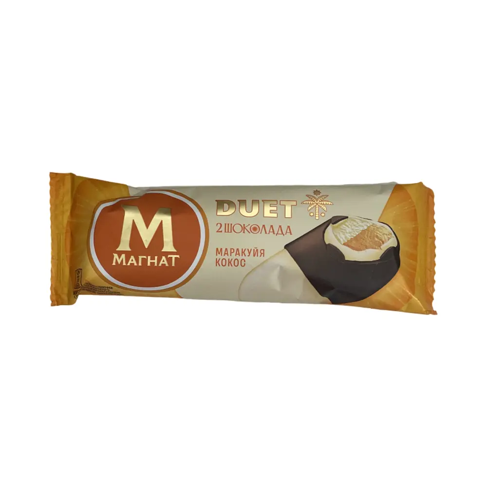 Мороженое эскимо сливочное с кокосом, со слоем шербета "Маракуйя" в молочном и в белом шоколаде магн