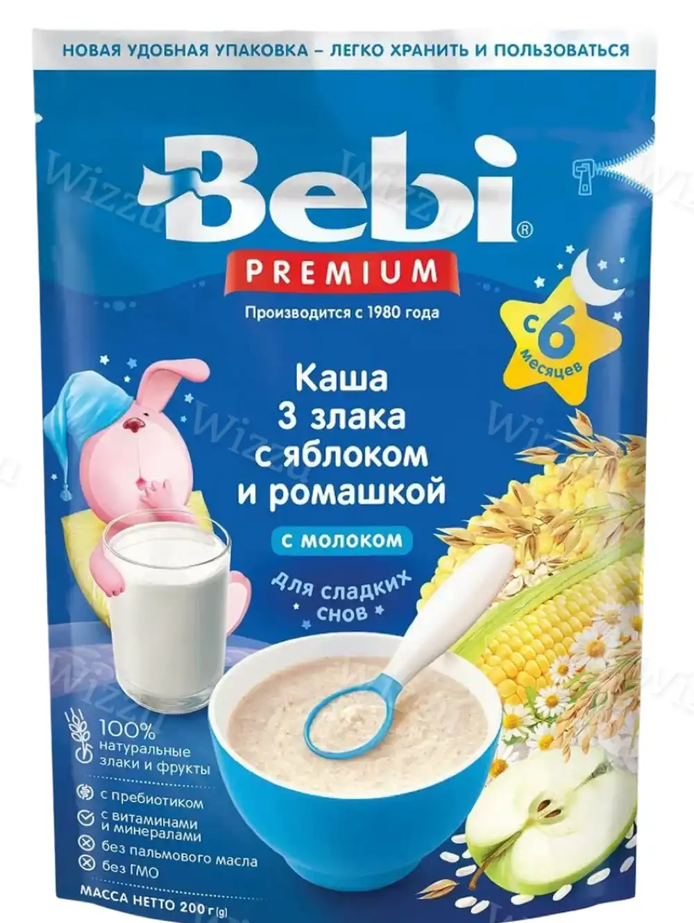 Каша молочная "Bebi" 3 злака с яблоком и ромашкой 200г