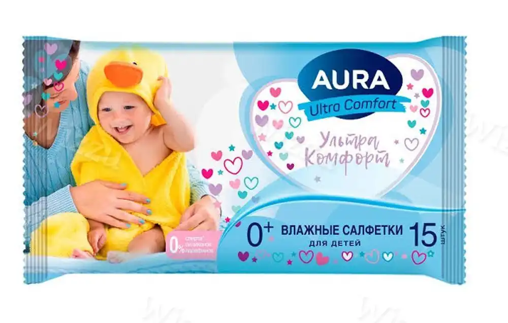 Влажные салфетки для детей AURA 0+ 15шт