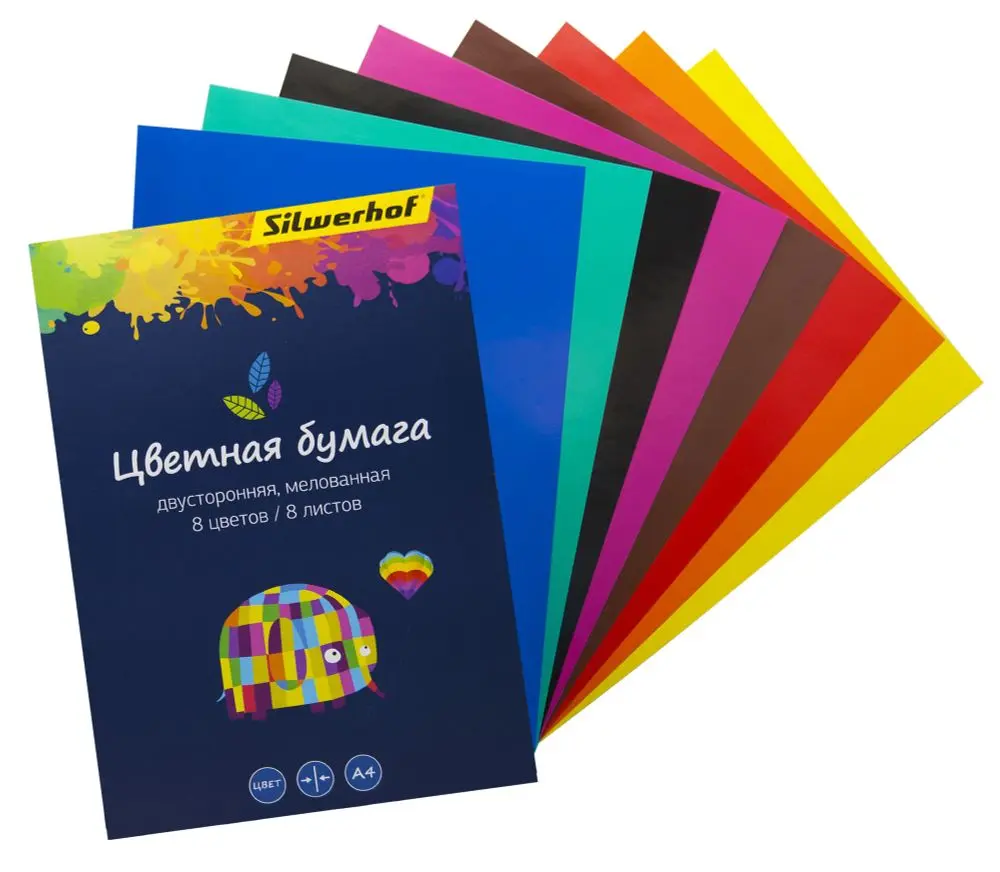 Бумага цветная Silwerhof. Цветландия, двусторонняя, 8 листов, 8 цветов, A4