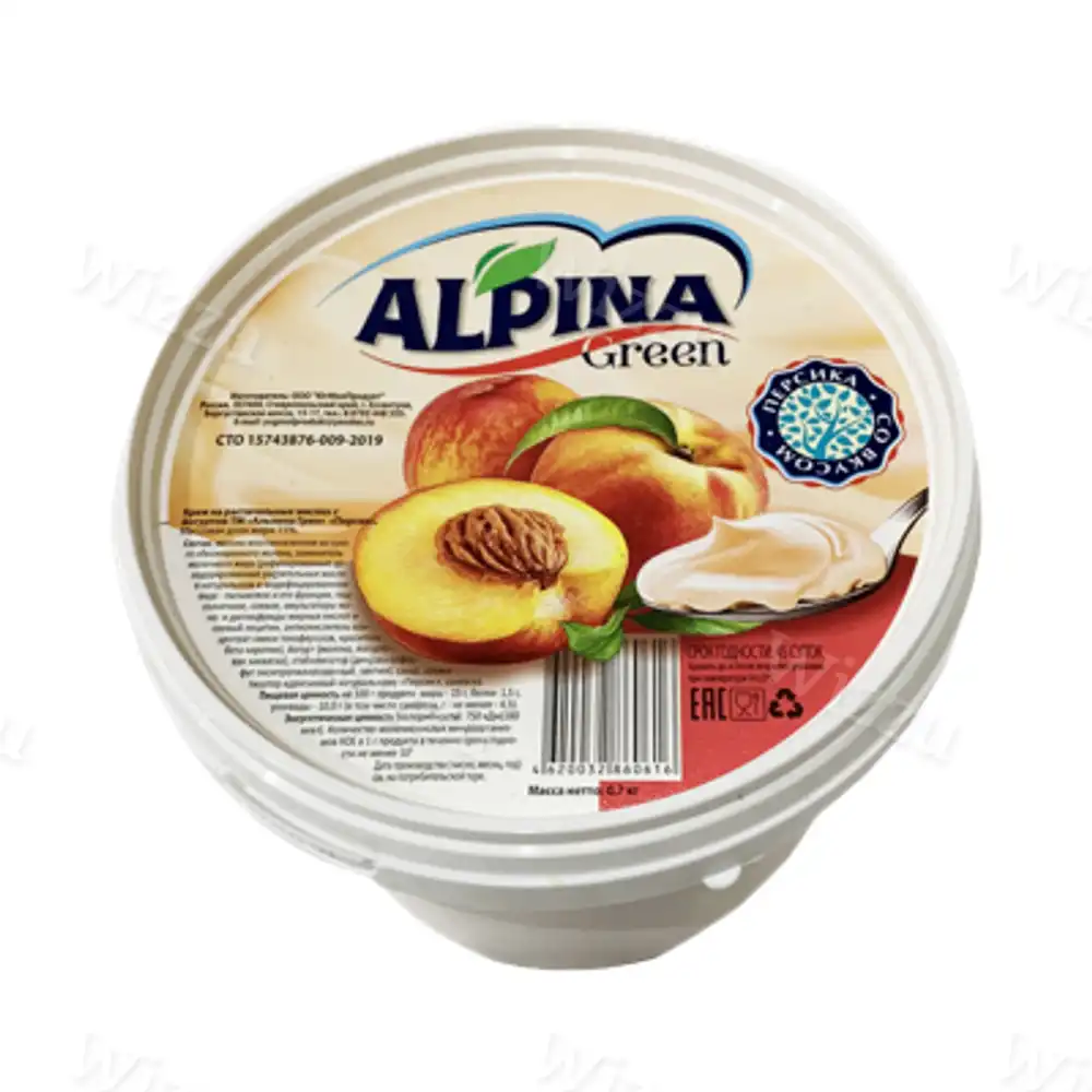 Йогурт Alpina Green Персик с кусочками (ведро) 15% 700гр