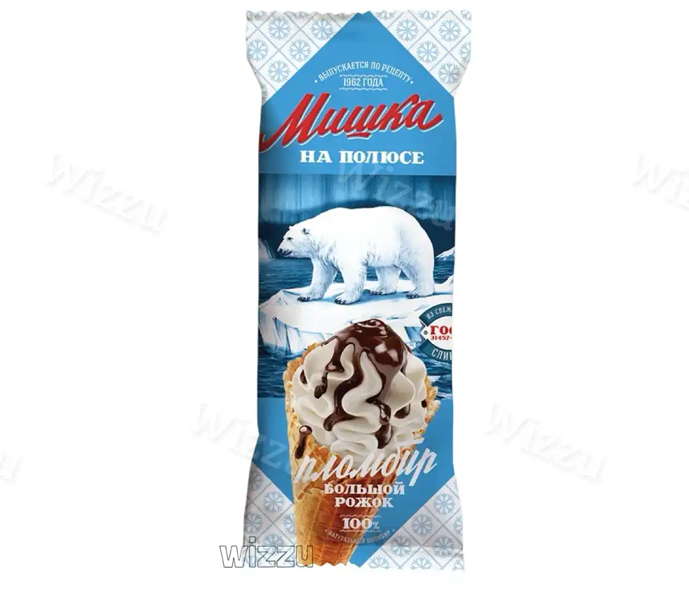 Мороженое Мишка на полюсе большой рожок пломбир ваниль с глазурью 110гр
