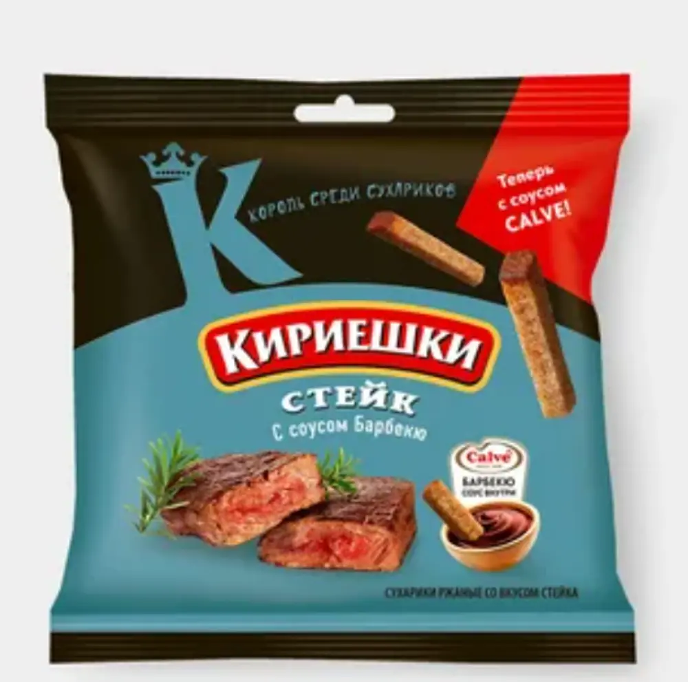 Сухарики ржаные Кириешки со вкусом Стейка и соусом барбекю, 60г + 25мл