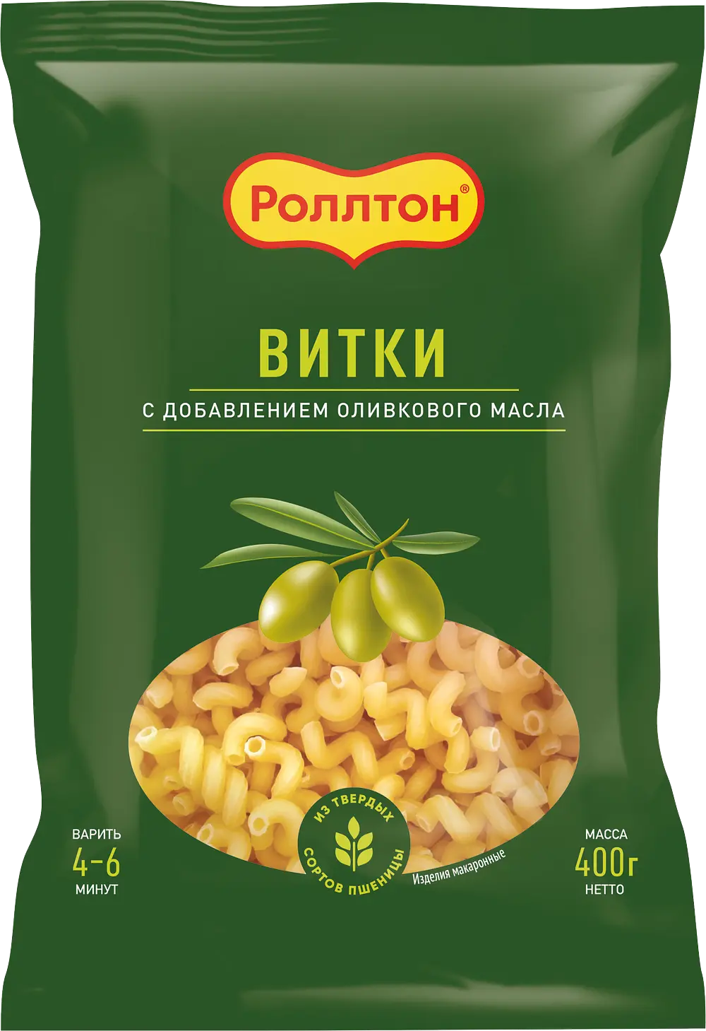 Изделия макаронные с оливковым маслом Роллтон Рожки, в/с, гр А, 400 г