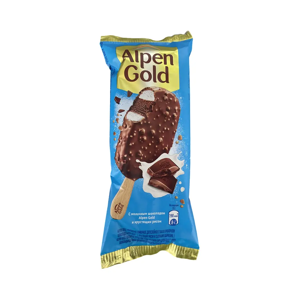 Мороженое сливочное двухслойное с какао в молочном шоколаде ALPEN GOLD с хрустящим рисом и солеными