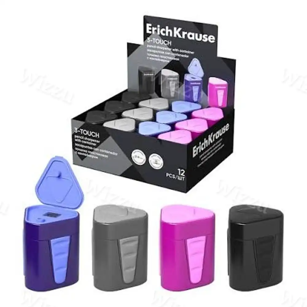 Точилка пластиковая ErichKrause, 3-Touch, с контейнером, ассорти (в коробке 12шт) Арт.33615