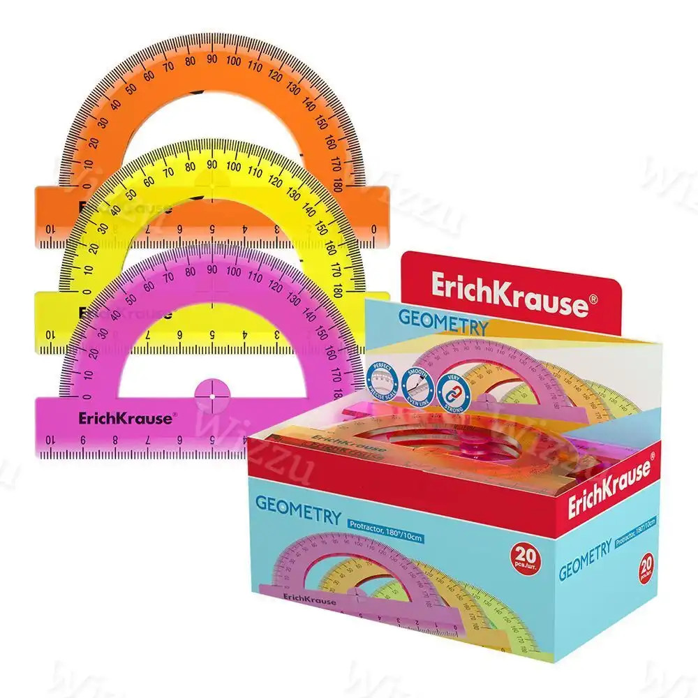 Транспортир пластиковый ErichKrause Standard, 180°/10см, ассорти (в коробке-дисплее по 20 шт) Арт.52985