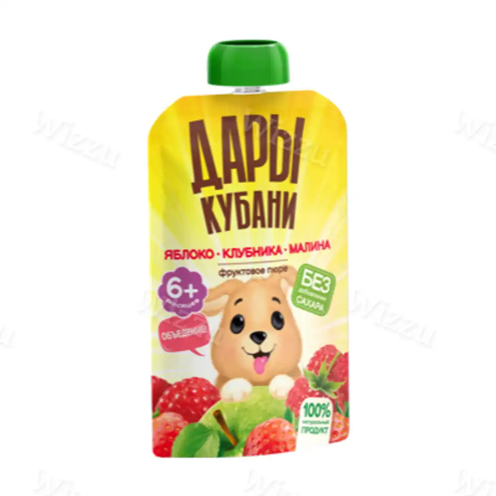 Детское пюре "Дары Кубани" д/пак Яблоко, клубника, малина 90г, шт