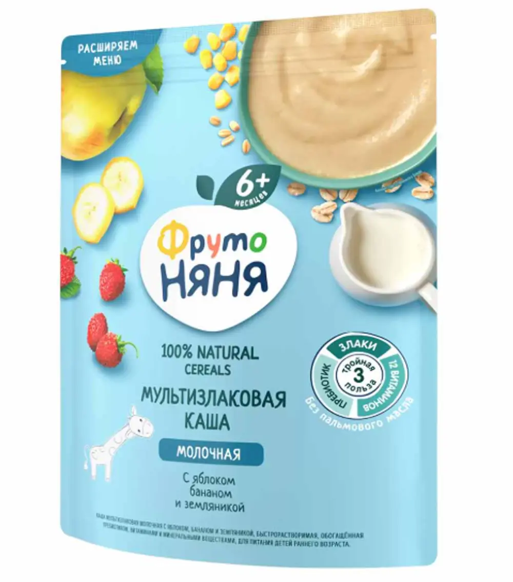 фруто няня мультизлаковая каша с яблоком бананом и земляникой  200г