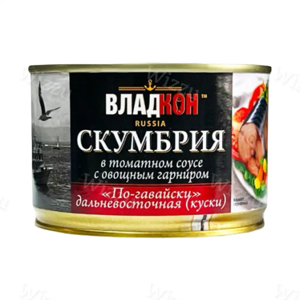 Скумбрия "Владкон" по-гавайски в томатном соусе с овощным гарниром жб 250гр