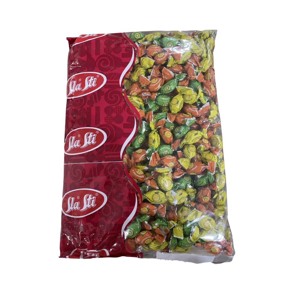 Мини- карамель SlaSti с начинкой микс вкус апельсина, вкус киви, вкус лимона, вкус сливки-клубника,