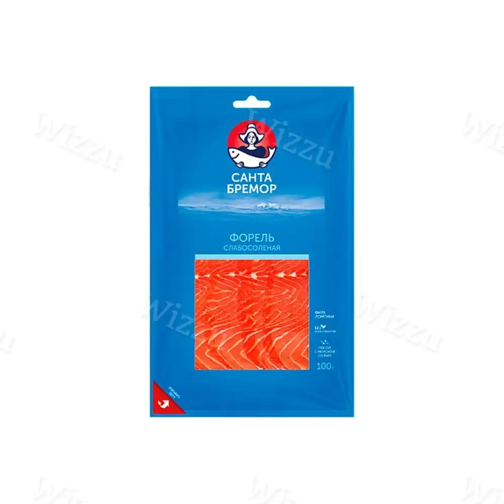 Форель радужная 100гр слабосоленная филе-ломтики "Артезианская" "Санта Бремор" (1*5шт)